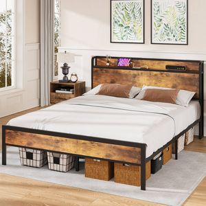Advwin Metal Bed Frame Queen Size Storage Headboard with Charging Station and USB Ports