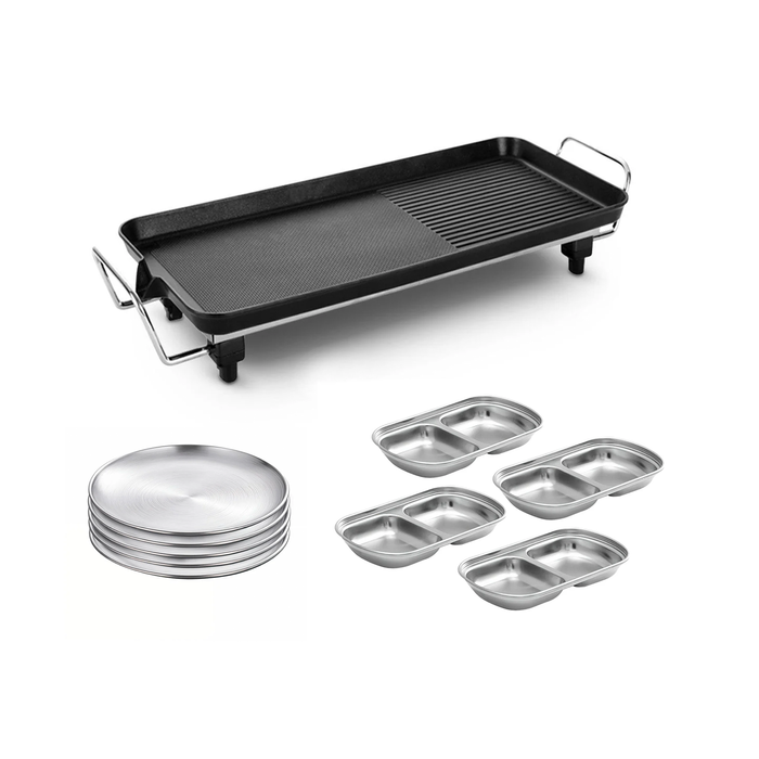 SOGA Kitchenware Bundle – 48cm Electric BBQ Grill with Silver Grilling Plate & Divided Sauce Pan