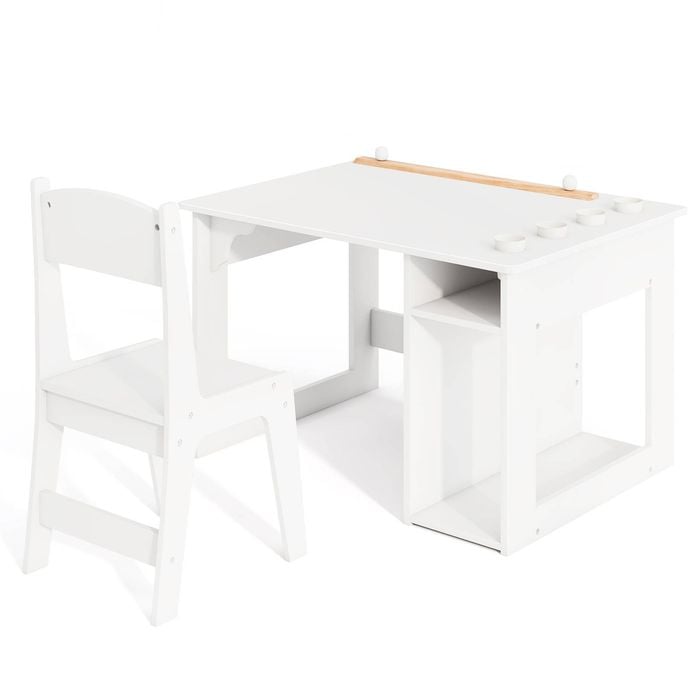 Costway Kids Art Table Set Study Desk Chair w/Paint Cups White
