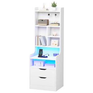 Ufurniture Tall LED Bedside Table with Charging Station, Shelves & Drawers white
