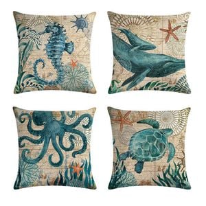 Catzon 4 Pcs Sea Theme Throw Pillow Covers Square Linen Pillowcase for Couch