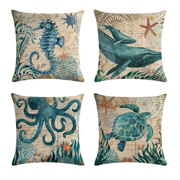 Catzon 4 Pcs Sea Theme Throw Pillow Covers Square Linen Pillowcase for Couch