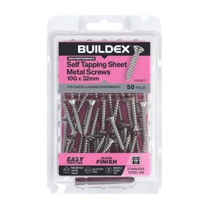 Buildex 10G x 32mm SS316 Self Tapping Sheet Metal Screws - 50 Pack
