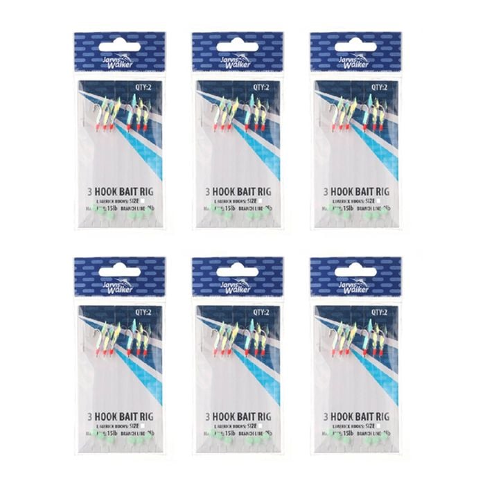 6x 2PK Jarvis Walker 3 Hook Bait Rigs 12lb Main Line & 9lb Branch Line- Size 10