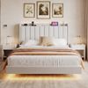 Advwin Floating Bed Frame with LED Lights and Charging Station, Velvet Upholstered Storage Headboard, Queen Size, Beige