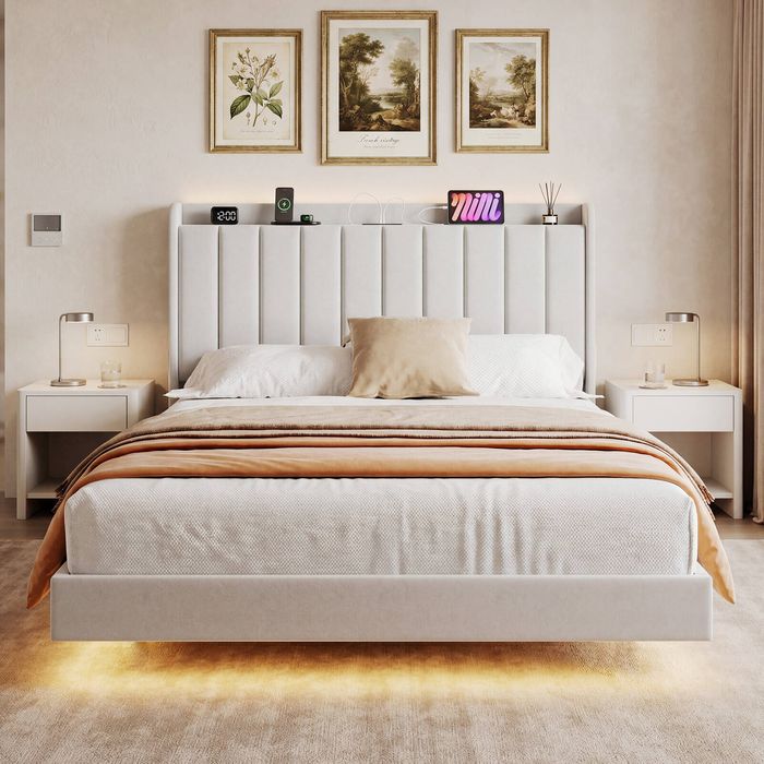 Advwin Floating Bed Frame with LED Lights and Charging Station, Velvet Upholstered Storage Headboard, Queen Size, Beige