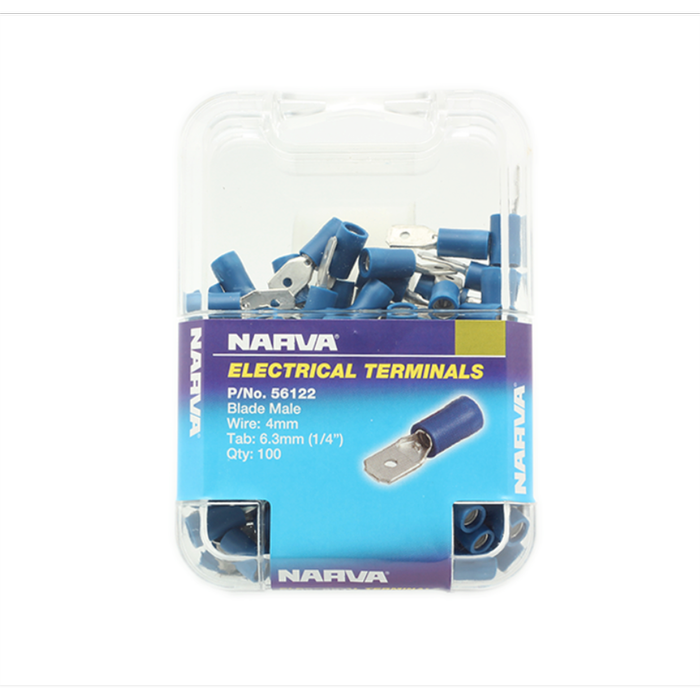 Narva 4mm / 6.3 x 0.8mm Blue Double Crimped Male Blade Terminal - 100 Pack