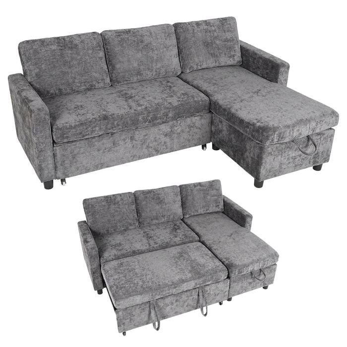 Advwin 3 Seater Sofa Bed w/ Storage Chaise 196cm Pull Out Lounge Sleeper Couch Grey