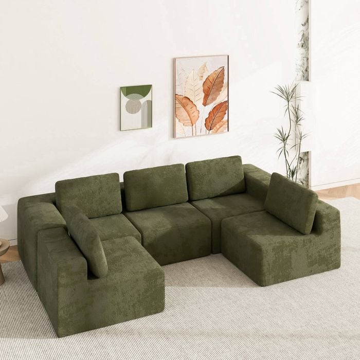 Advwin 415cm 5 Seater Sofa Convertible U Shaped Sofa Chenille Compressed Sofa Modular Couch No Assembly Green
