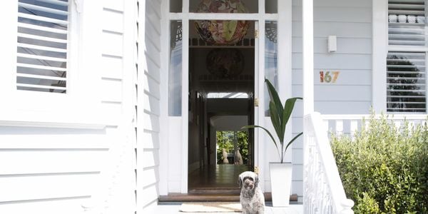 Front veranda of house with dog sitting.