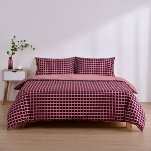 Dreamaker Micro Flannel Reversible Grid Quilt Cover Set Cherry Queen Bed