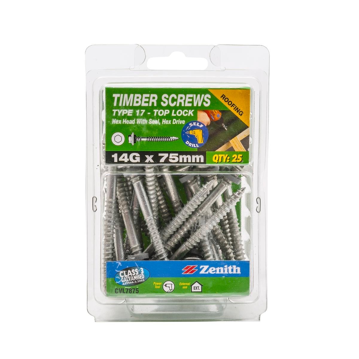 Zenith 14g X 75mm Galvanised Hex Head With Seal Timber Screws - 25 Pack 