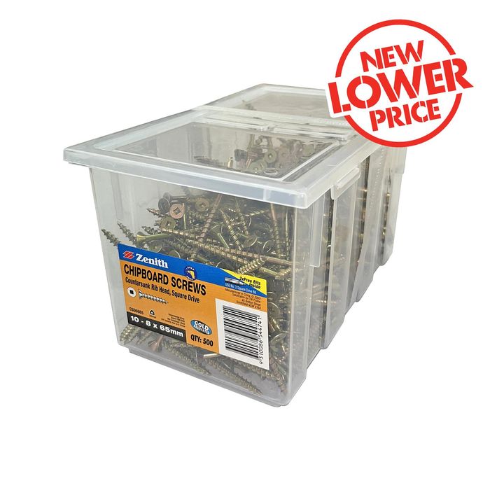 Zenith 10G x 65mm Gold Passivated Square Drive Chipboard Screw - 500 Pack