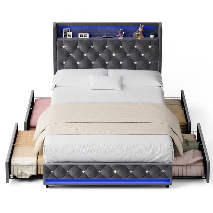 Advwin Queen Led Bed Frame With Tufted Velvet Upholstered Headboard & Charging Station 4 Storage Drawers Dark Grey