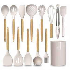14-Piece Silicone Kitchen Utensil Set - 446°F Heat Resistant, Nonstick Cookware Gadgets (Safe materials Khaki)
