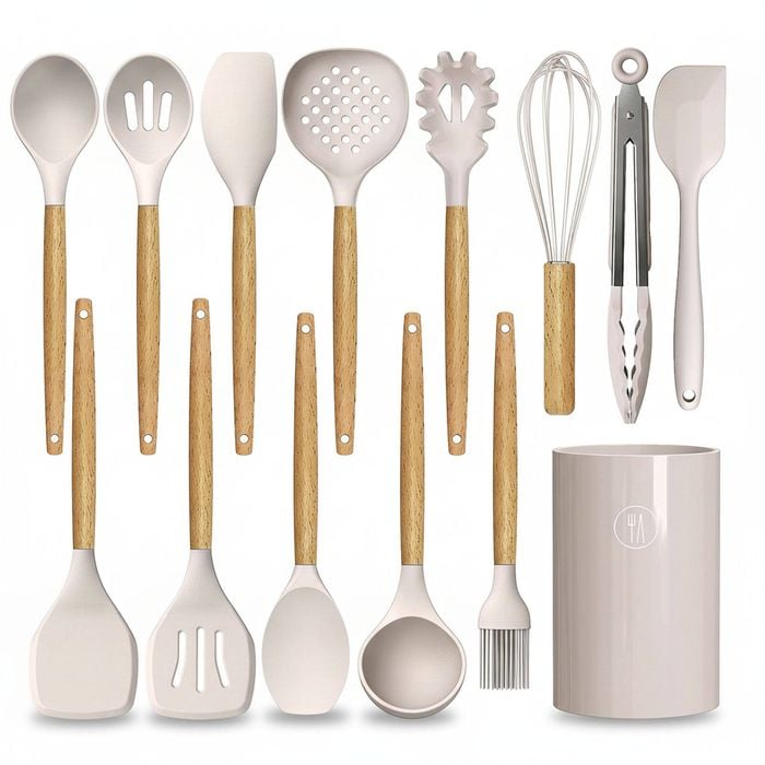 14-Piece Silicone Kitchen Utensil Set - 446°F Heat Resistant, Nonstick Cookware Gadgets (Safe materials Khaki)
