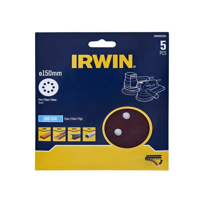 IRWIN 150mm 180 Grit 8 Holes Quick Fit Random Orbital Sanding Disc - 5 Pack