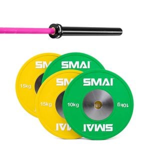 Smai Competition Bumper Plate Set With Barbell - 50kg - 20kg Magenta Barbell