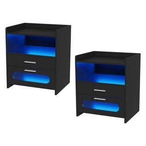 Ufurniture Bedside Table Set of 2 LED Nightstand 2 Drawers with Wireless Charging Station and USB Port Black