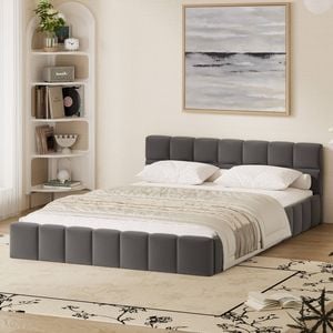 Oikiture Bed Frame Double Size Tufted Headboard Grey Velvet