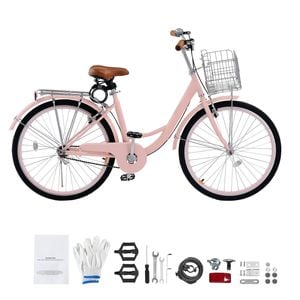 VEVOR 66 cm Cruiser Bike Pink 1-Speed with Large Capacity Basket and Rear Rack