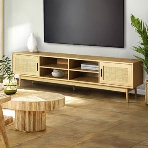 Homfurn 180cm Rattan Tv Unit With 2 Drawers, Solid Wood Legs, Oak