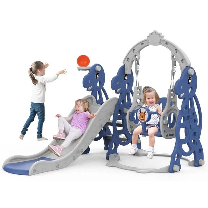Advwin 4 in-1 Kids Slide and Swing Set with Basketball Hoop Blue