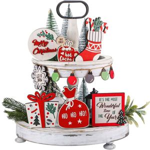 P&P Multicolour Wooden Christmas Tiered Tray Farmhouse Decor Set 8 Piece Tabletop Display