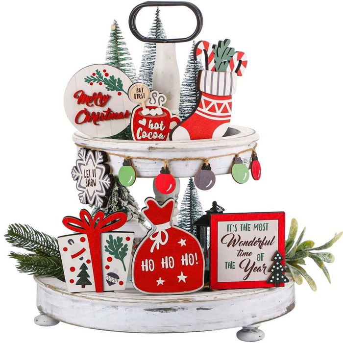 P&P Multicolour Wooden Christmas Tiered Tray Farmhouse Decor Set 8 Piece Tabletop Display