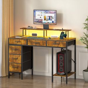 Advwin Computer Desk with LED Lights & Power Outlets, 120cm Gaming Desk with 6 Fabric Drawers