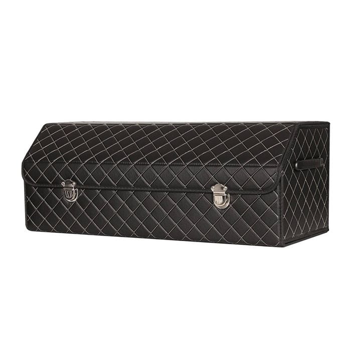 SOGA Leather Car Boot Collapsible Foldable Trunk Cargo Organizer Portable Storage Box - Black/White Stitch Large
