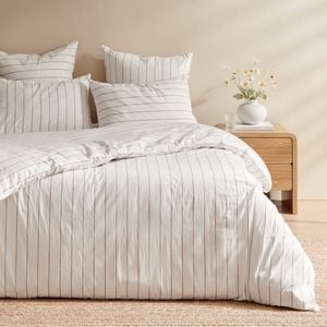 Dreamaker Rumi Washed Cotton Reversible Quilt Cover Set White with Rust Stripe Double Bed