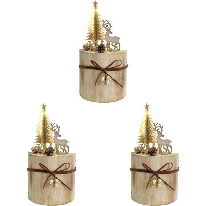 3PK LVD Metal/Wood LED Xmas Tree Deer Stump Home Christmas Display Decor 11x21cm