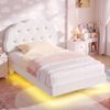 Advwin LED Floating Bed Frame with Adjustable Headboard and Storage Bags King Single White