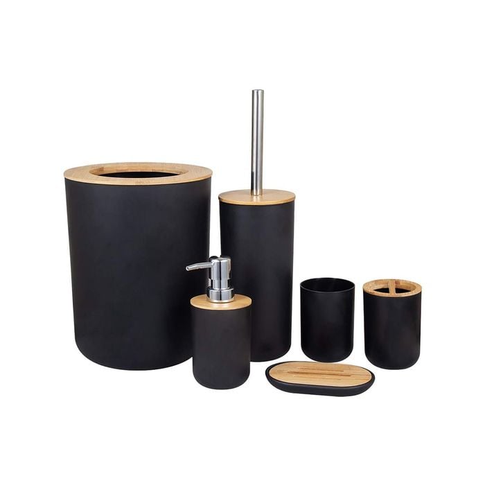 Estilo 6 Piece Black and Bamboo Bathroom Accessory Set