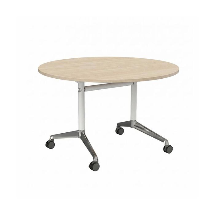 Olg Modulus Flip Table White And Silver Frame Nordic Maple Top 1200mm Diameter