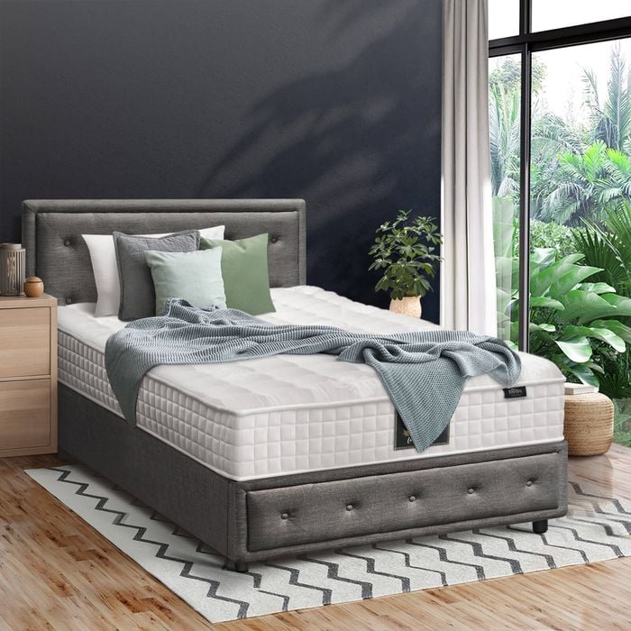 Oikiture Bed Frame Gas Lift With Mattress Set Grey- King Single
