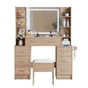 Artiss Dressing Table Vanity Desk Set Stool Led Charging Station Wood