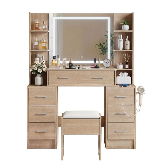 Artiss Dressing Table Vanity Desk Set Stool Led Charging Station Wood