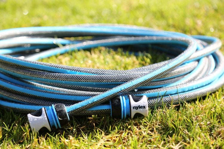Coiled hose on grass