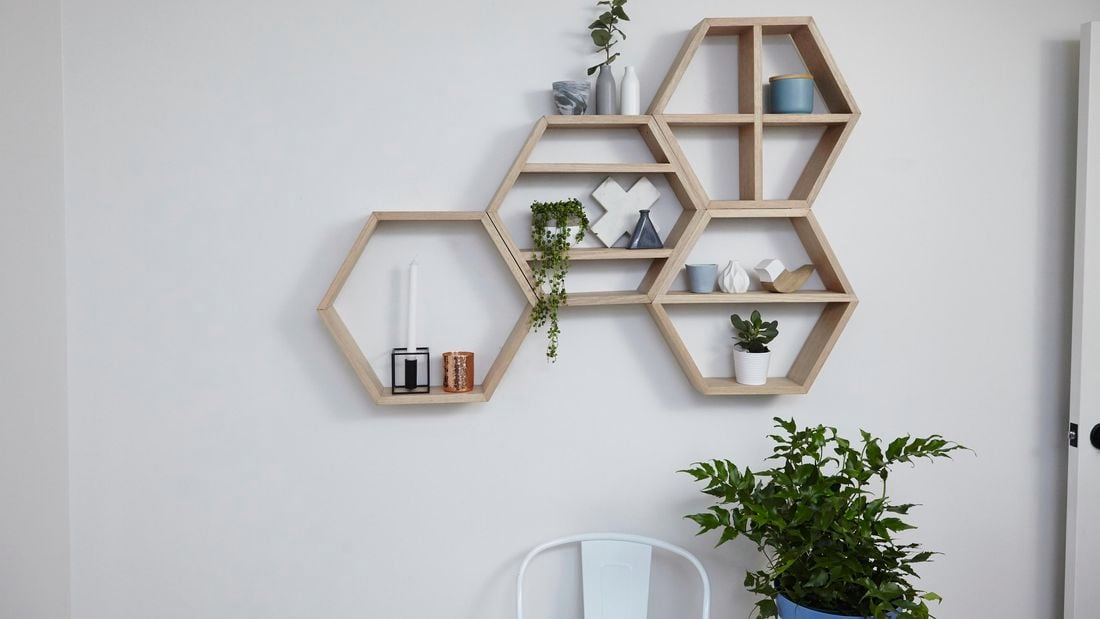 A honeycomb wall shelf array mounted on a white wall with a pot plant below it