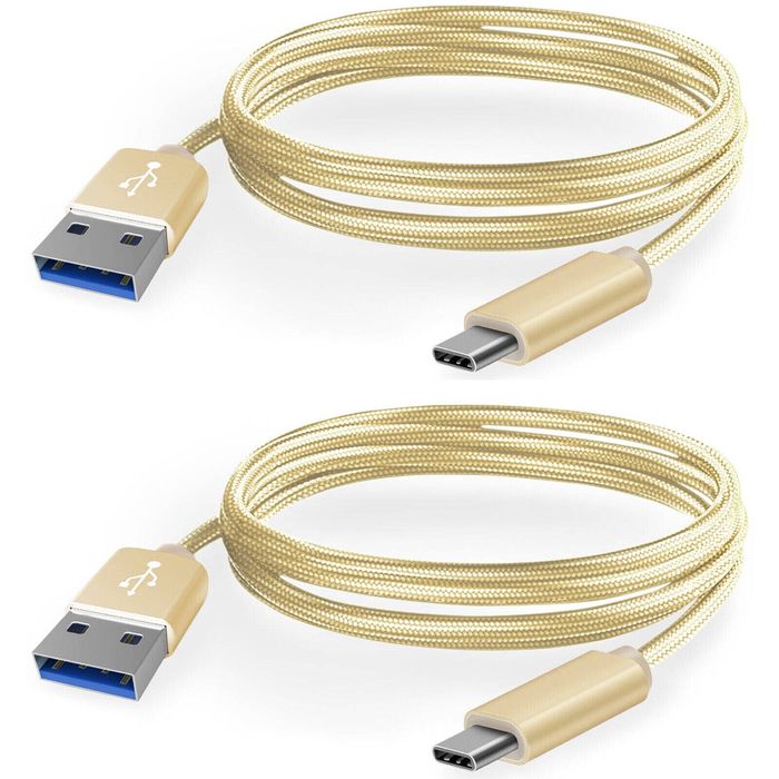 PriceDumb 2 Pack 1m Data Transfer Charger Charging USB Type C Phone Tablet Cable Cord Bulk Braided Gold Nylon
