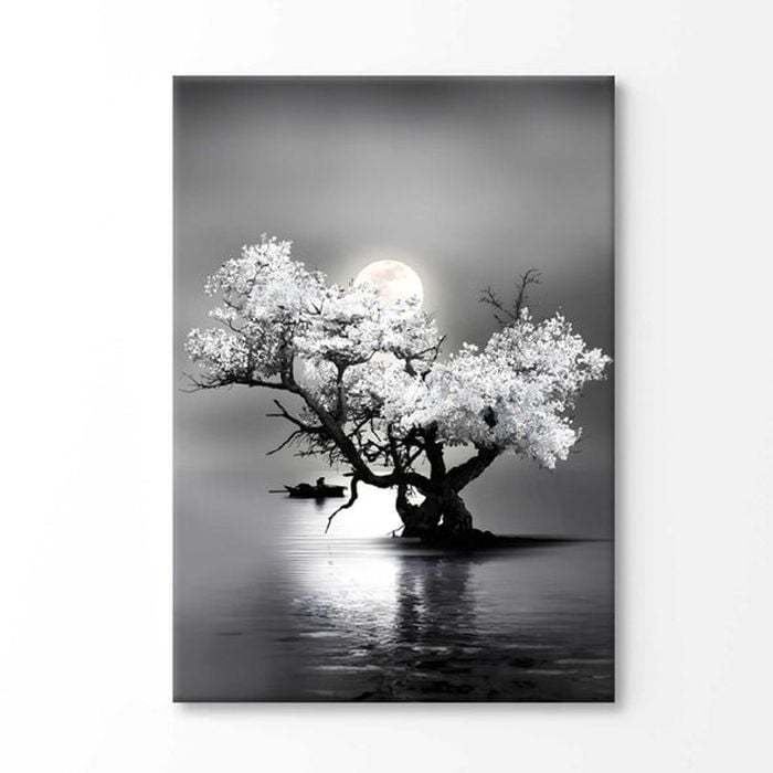 Amazing Night View of Tree on Lake with Full Moon Print 100% Australian Made 75x50cm (Stretched Canvas)