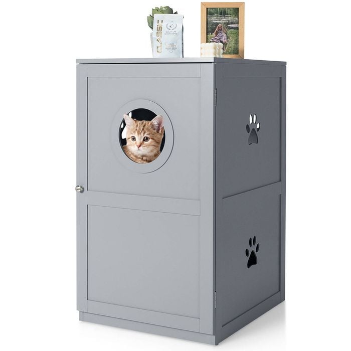 Costway 2-tier Wood Cat Litter Kitten House Sideboard Storage Cabinet Grey