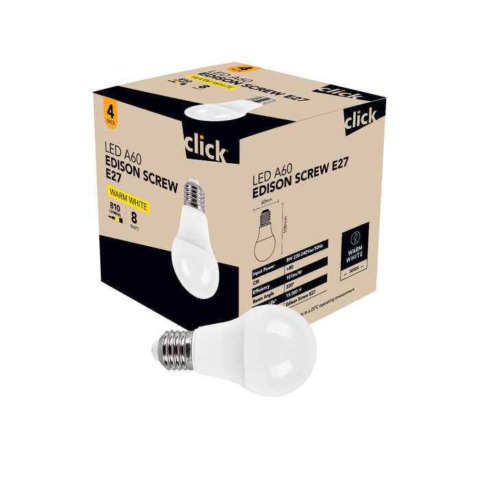 Click A60 ES LED 810lm Warm White 8W Globe - 4 Pack