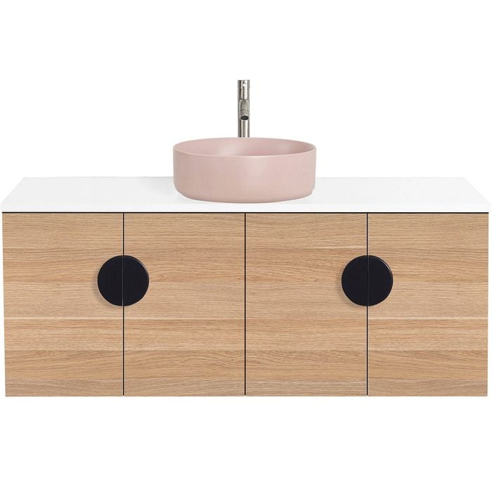 CIBO 1200mm Oak Mornington Wall Hung Vanity With Pink Basin And Black Handles