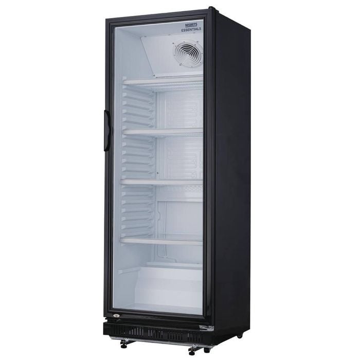 Nisbets Essentials Upright Display Fridge Cooler Black 346ltr 1732x620x635mm Commercial Kitchen Storage