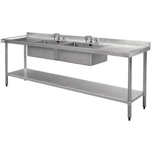 Vogue Double Bowl Sink Double Drainer - 2400mm x 700mm 90mm Drain - Commercial Stainless Steel Sinks (HC921)