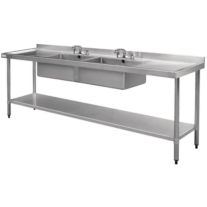 Vogue Double Bowl Sink Double Drainer - 2400mm x 700mm 90mm Drain - Commercial Stainless Steel Sinks (HC921)