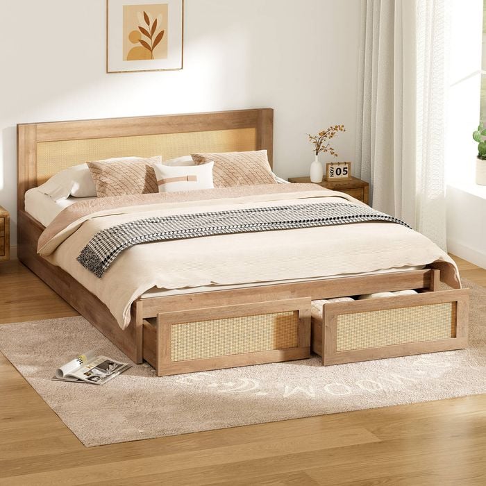 Alfordson Wooden Bed Frame Double With Drawers Oak